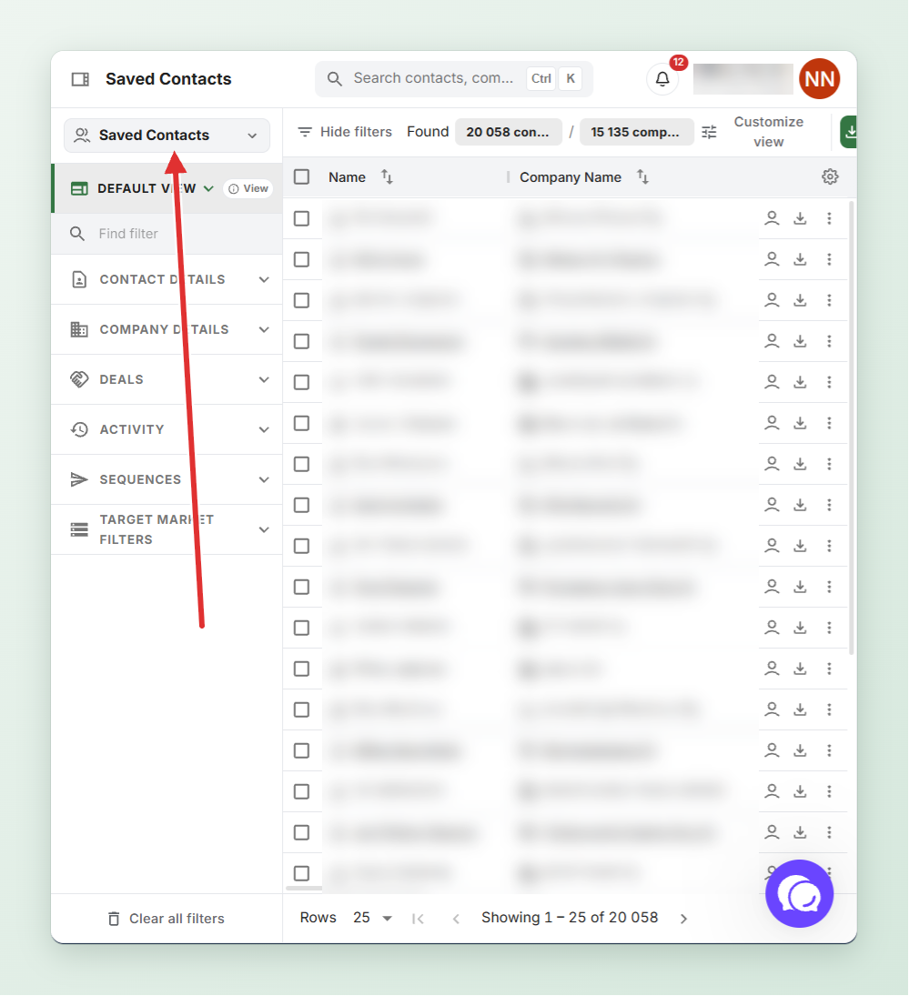 Saved Contacts: päättäjät/yritykset-valitsin ja suodattimet