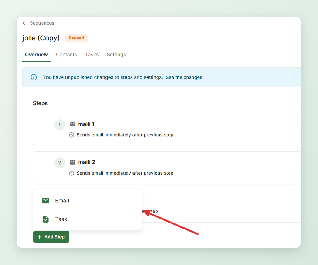 Add Step: Email tai Task