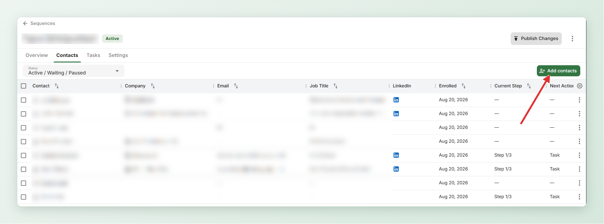 Sekvenssin Contacts-välilehti: Add contacts ja Publish Changes