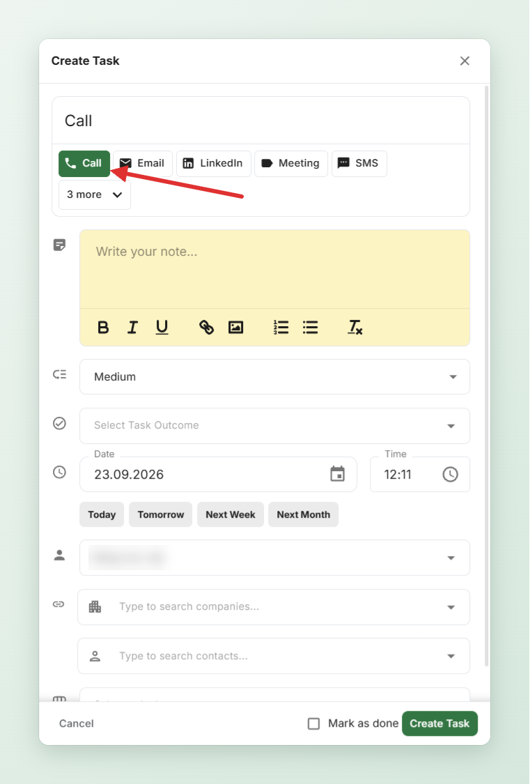 Create Task -ikkuna
