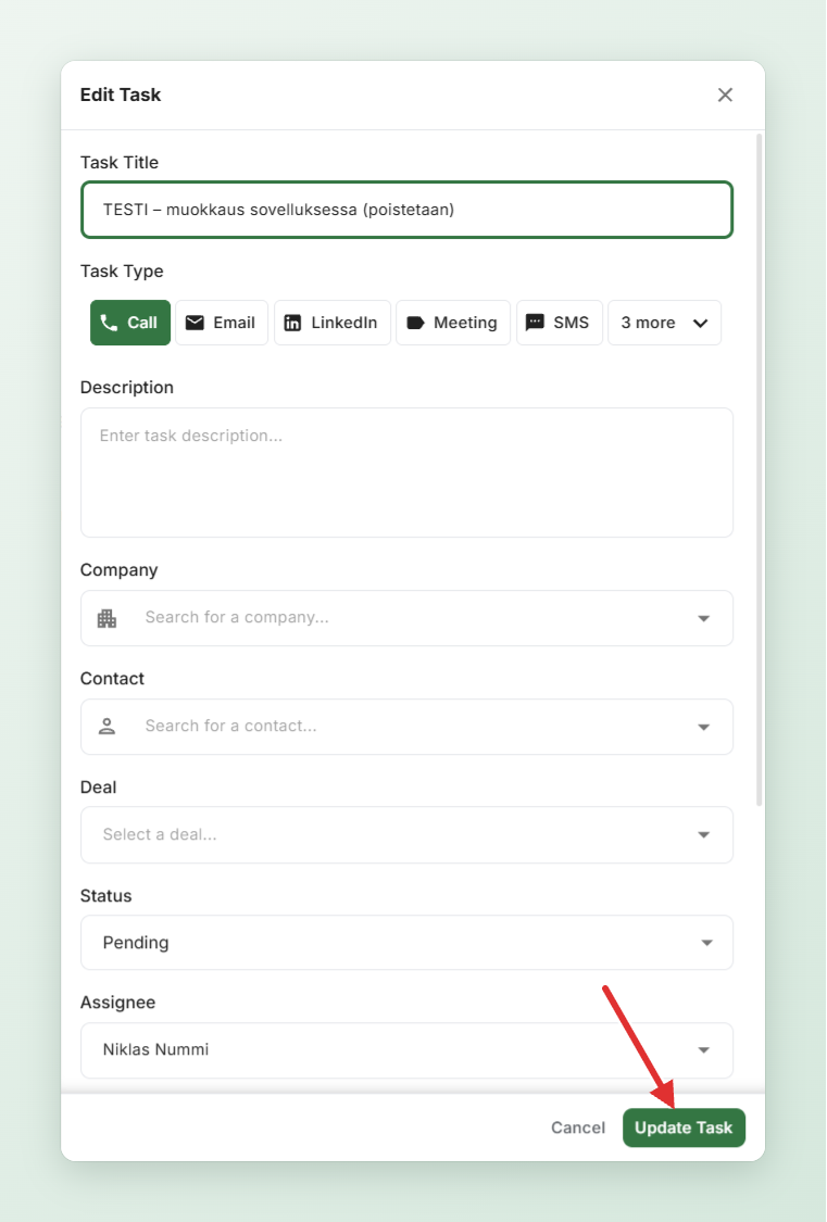 Edit Task -ikkuna ja Update Task