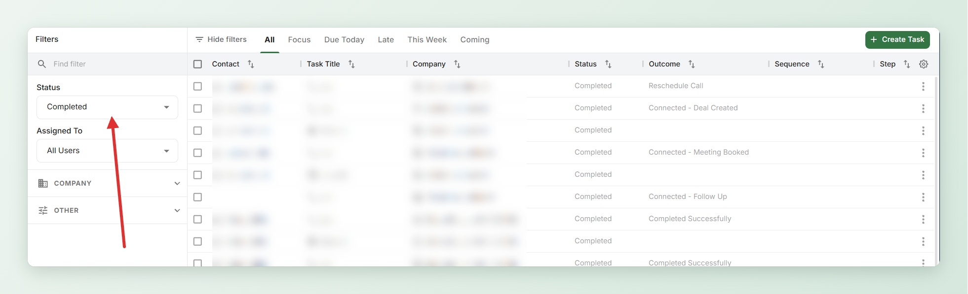 Tasks: Status-suodattimessa Completed